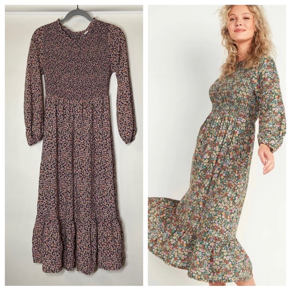 Old Navy Dresses & Skirts - Old Navy Small Smocked Floral Print Midi Dress Boho Bohemian Long Sleeve